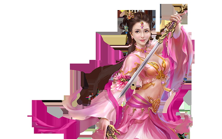 Beautiful Girl Pink Silk Clothes Jewelry Sword In Hand Asia Oriental Fantasy Art Wallpaper For Desktop
