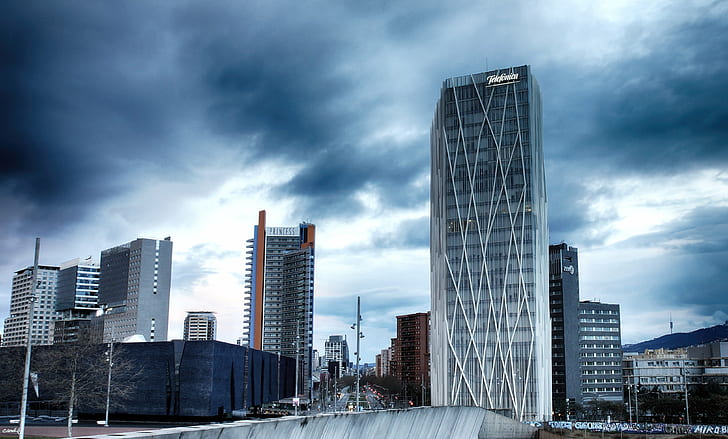 high rise buildings under gloomy skies, Barcelona, Telefónica, HD wallpaper