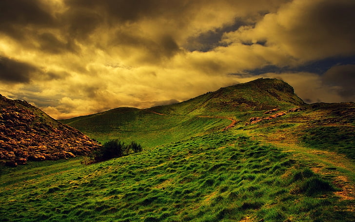 brown mountains, landscape, digital art, clouds, nature, hills, HD wallpaper