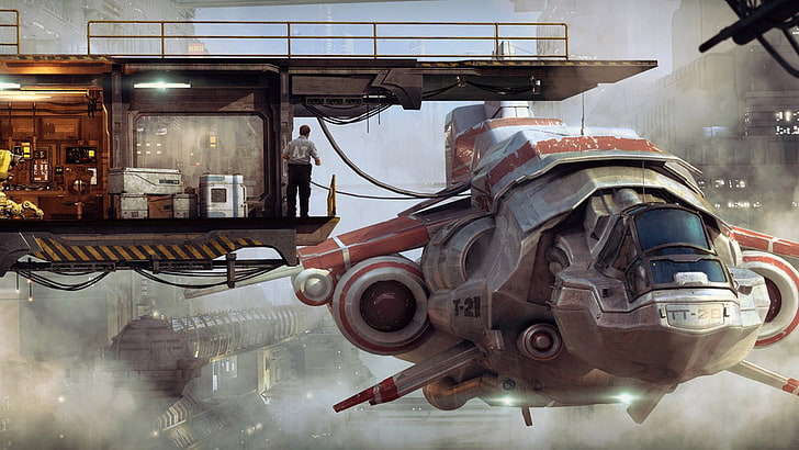 gray and brown plane illustration, spaceship, futuristic, science fiction