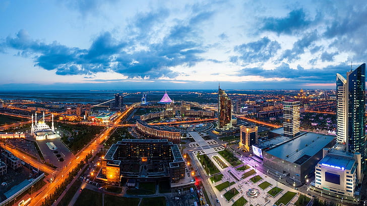 Astana, Kazakhstan, city landscape, dusk, lights, buildings, clouds