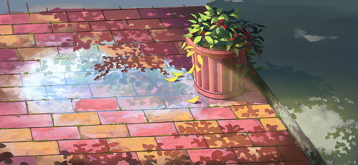 artwork, anime, rooftops, plants, HD wallpaper