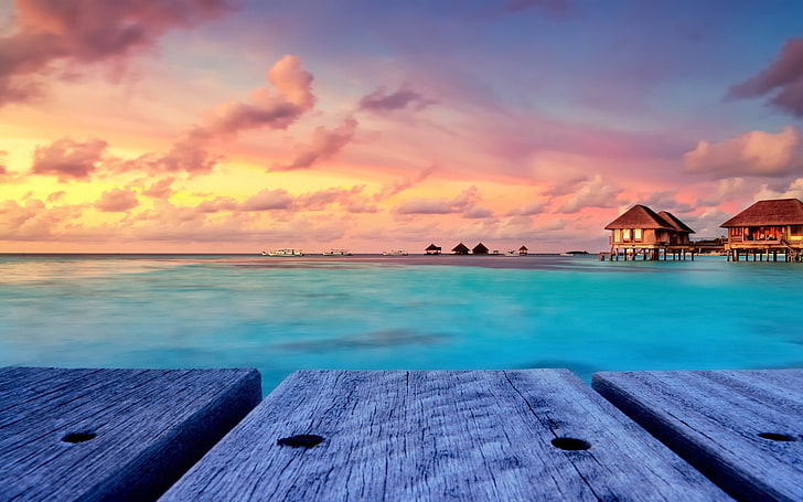 body of water, tropical, beach, nature, sunset, landscape, bungalow, HD wallpaper