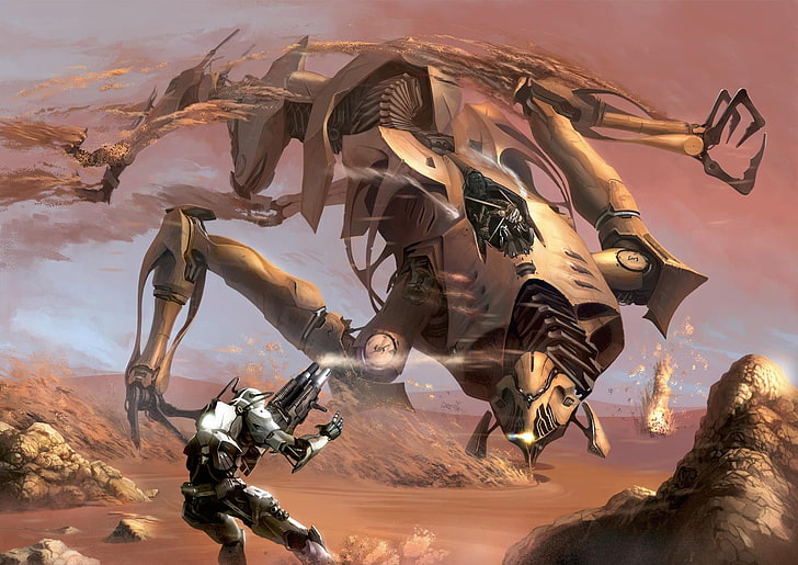 robot fighting robot illustration, science fiction, digital art