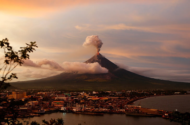 brown volcano, volcano erruption photo, building, cityscape, nature, HD wallpaper