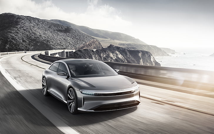 gray car passing road near body of water, Lucid Air, Concept cars, HD wallpaper