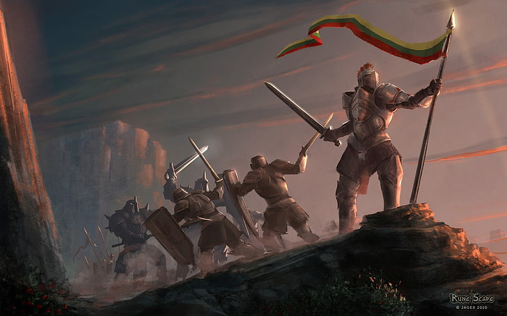knights battle illustration, Runescape, flag, armor, artwork