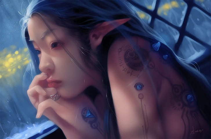 2D, fantasy art, pointed ears, blue hair, tattoo