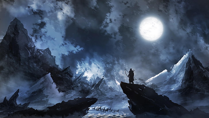 sky, darkness, moonlight, mountain, freezing, landscape, fantasy art, HD wallpaper