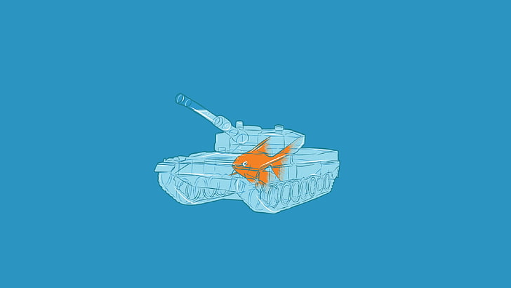 battle tank illustration, minimalism, fish, blue, blue background