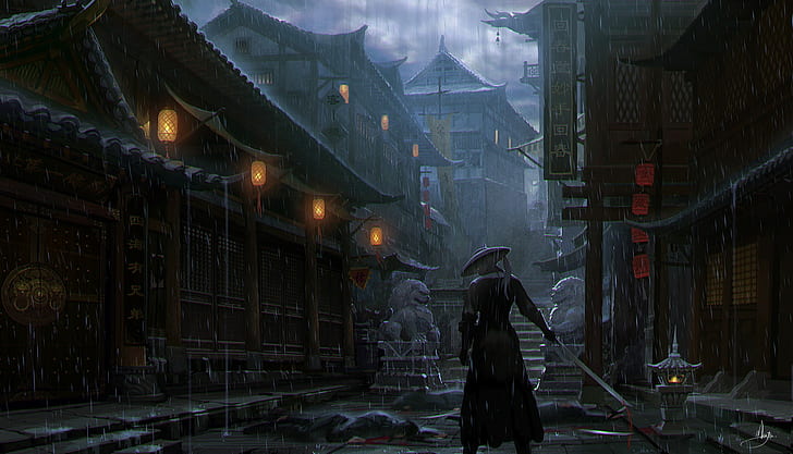 HD wallpaper: artwork, Imperial City, rain, samurai | Wallpaper Flare