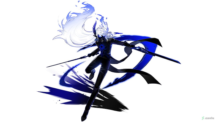white haired male anime character wallpaper, blue, sword, original characters