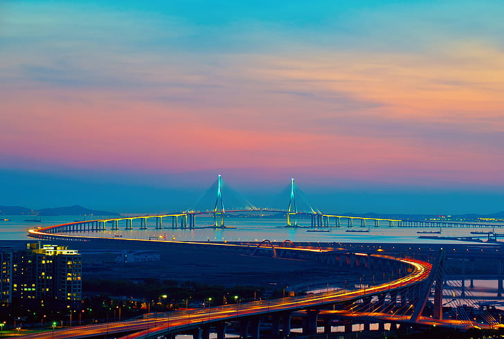 bridge, the city, lights, Korea, Incheon