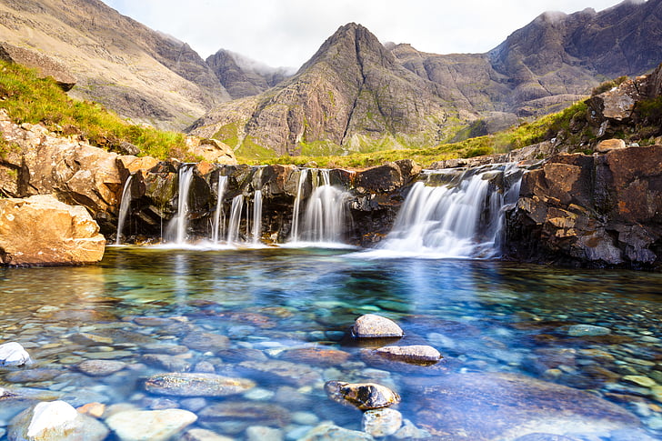 waterfall near brown mountain, Fairy Pools, Isle of Skye, Scotland, HD wallpaper