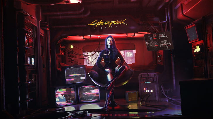 Cyberpunk 2077, futuristic, women, sitting, TV, digital art