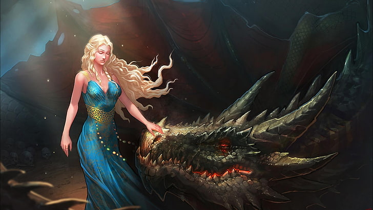 woman holding dragon digital wallpaper, digital art, fantasy art