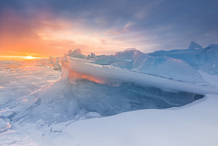 iceberg, winter, the sun, lake, Baikal, snow, mountain, nature, HD wallpaper