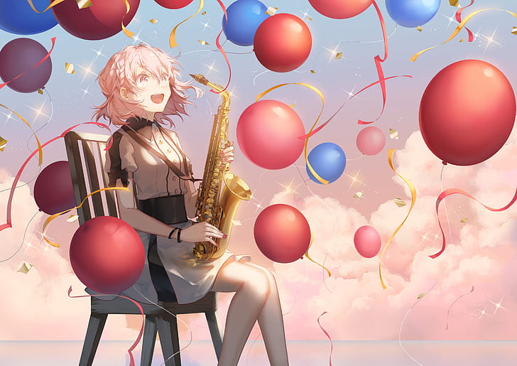 Saihate d3, anime girls, balloon, saxophones, Smile