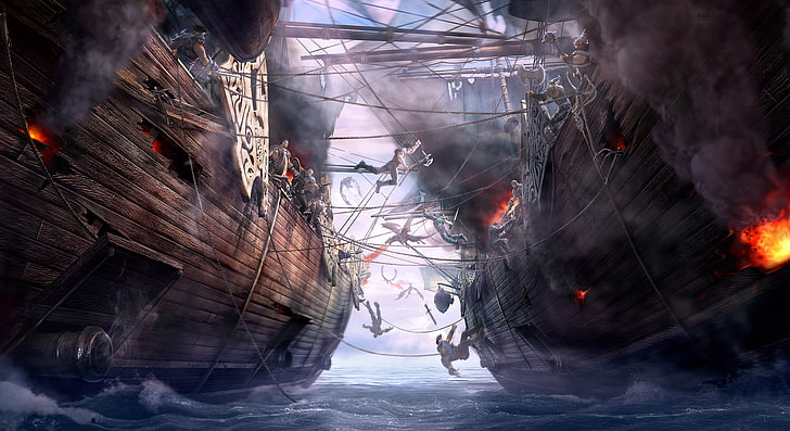 pirate ship war wallpaper, sea, ships, art, battle, Dragon Eternity, HD wallpaper