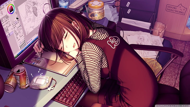 anime girls, sleeping, Sayori, original characters, computer, HD wallpaper