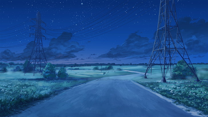concrete road painting, power lines, clouds, starry night, Everlasting Summer, HD wallpaper