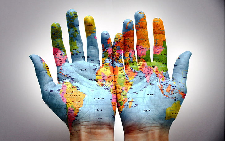 World Map hands painting, arms, human Hand, multi Colored, creativity