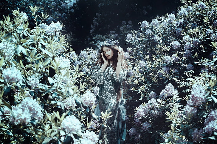 girl, mood, dress, the bushes, Bella Kotak, rhododendrons, Joy Draiki