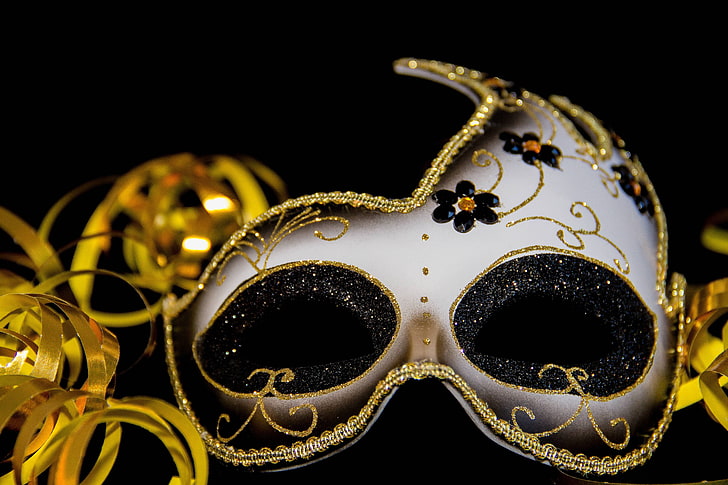 masquerade, carnival, mask, venetian, secret, indoors, black background, HD wallpaper