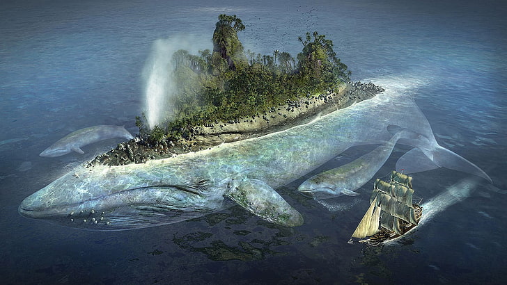 ship sailing near whale shaped island digital wallpaper, sea