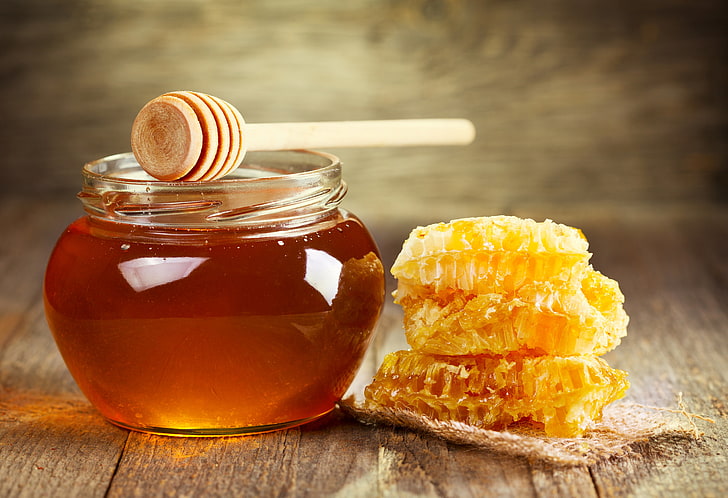 clear glass jar and honey, cell, spoon, Bank, sweet, food and drink, HD wallpaper