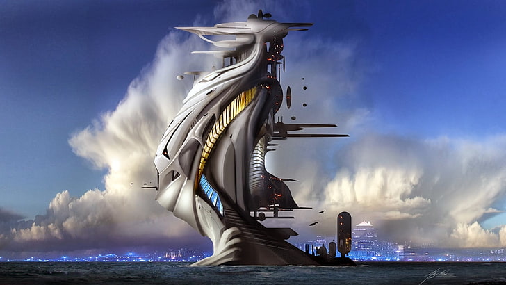 futuristic city, digital art, science fiction, sky, water, cloud - sky