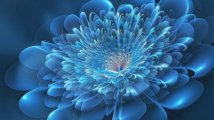 blue and white petaled flower, abstract, flowers, digital art, HD wallpaper