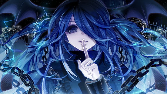 Deep dark blue haired wave anime woman with deep blue eyes
