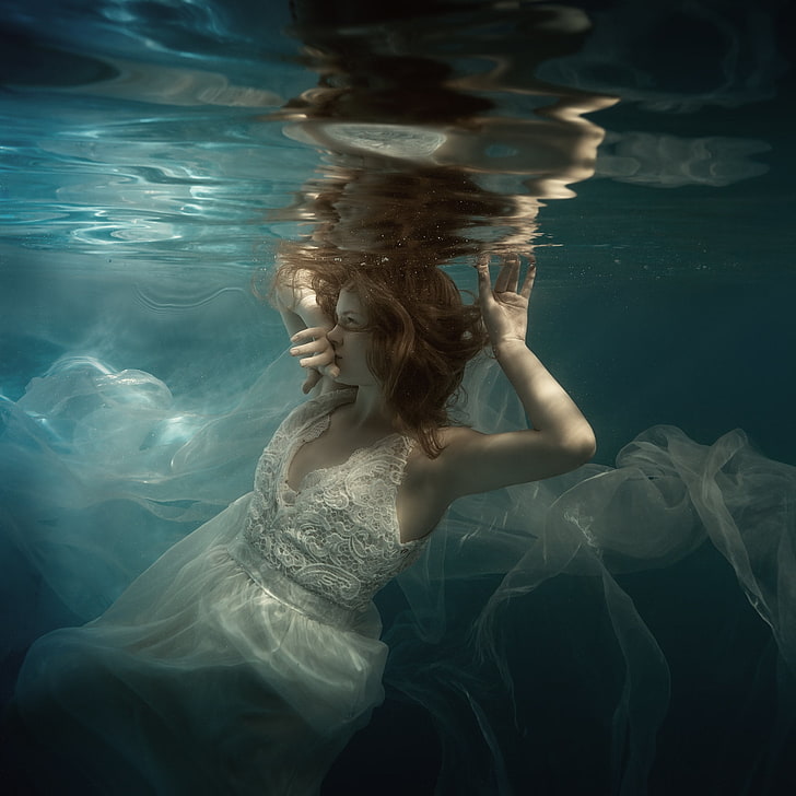 women, underwater, brunette, lace, one person, young adult