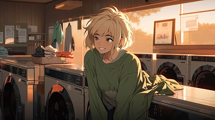 HD wallpaper: blonde, anime girls, laundromat, laundry, smiling, women ...