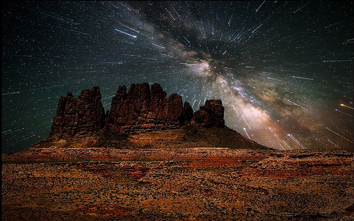 brown rock formation, nature, landscape, desert, starry night, HD wallpaper