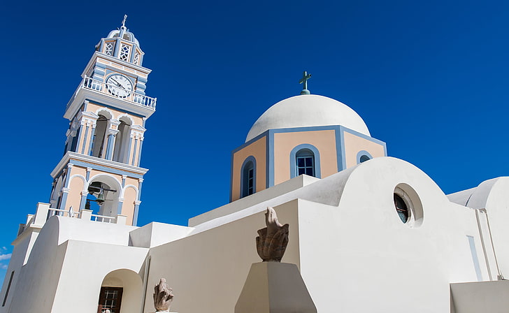 blue, white, sky, Santorini, Greece, building, religion, place of worship, HD wallpaper