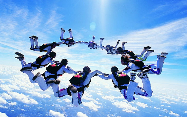 adrenalin, cloud, group, skydiving, sports, HD wallpaper