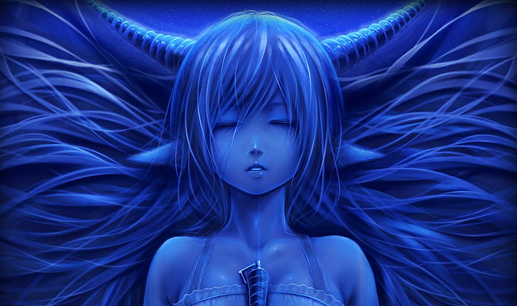 bouno satoshi, girl, blue, face, horns, ears, girl anime character, HD wallpaper