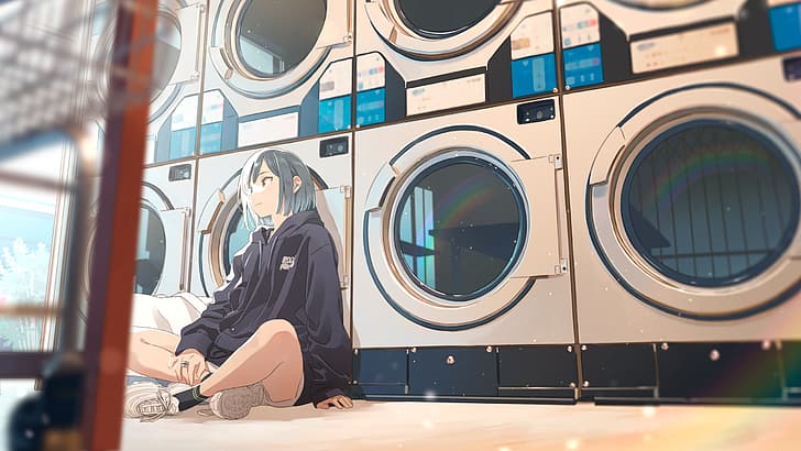 anime, anime girls, artwork, sitting, washing machine, blue hair, HD wallpaper