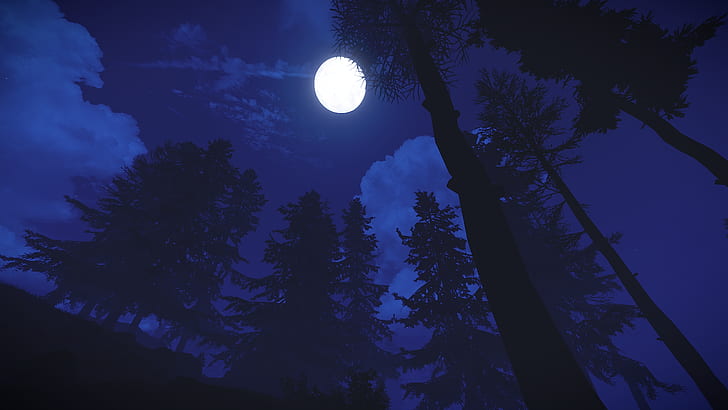 night, Moon, trees, rust, video games