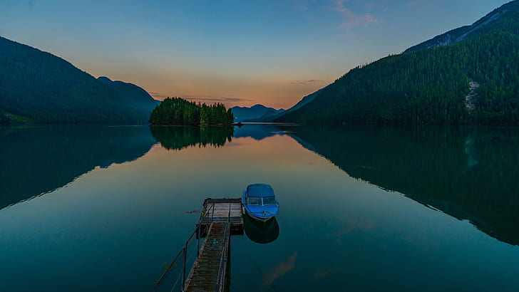 boat, reflection, nature, lake, mountain lake, sky, wilderness