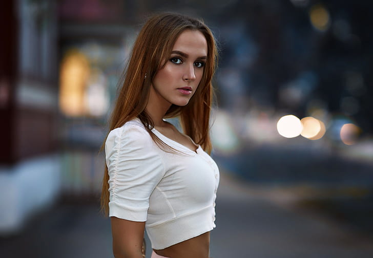 model, blouses, standing, Elena Butusova, depth of field, blonde, HD wallpaper