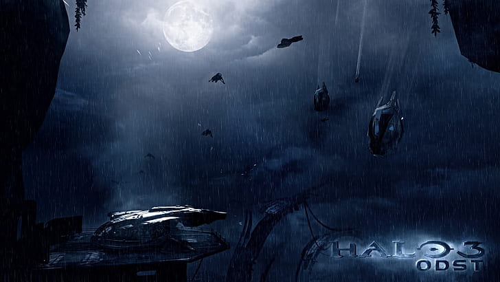 video games, Halo, Halo 3: ODST, rain, night, Moon, Banshee (Halo)