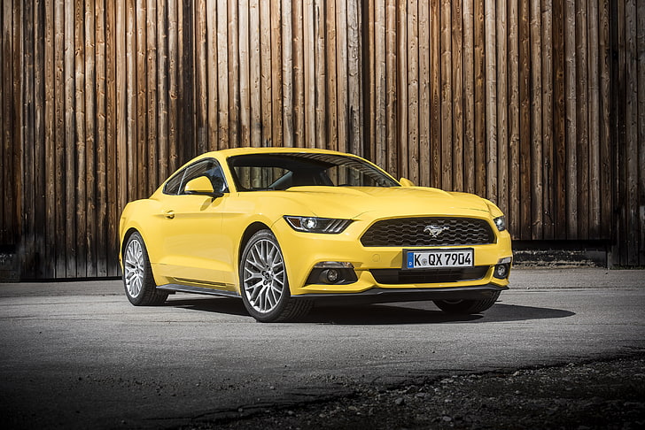 yellow Ford Mustang 5.0 coupe, gt, eu-spec, side view, car, sports Car