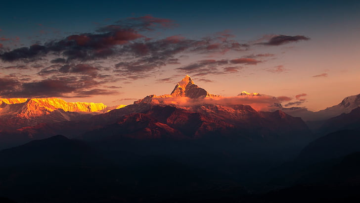 himalaya, afterglow, mountain, himalayas, mountain range, cloud, HD wallpaper