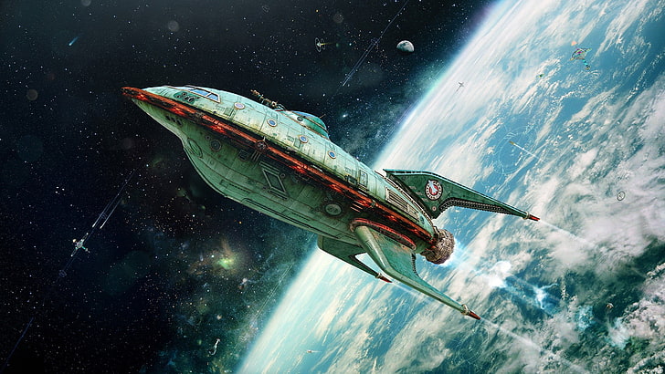 gray and red spaceship wallpaper, gray and red spacecraft painting