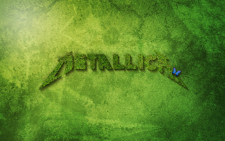 green Metallica wallpaper, butterfly, name, grass, background