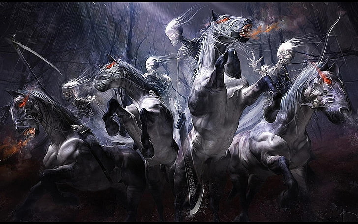 skulls undead ghosts fantasy art horses artwork swords 2560x1600  Animals Horses HD Art, HD wallpaper