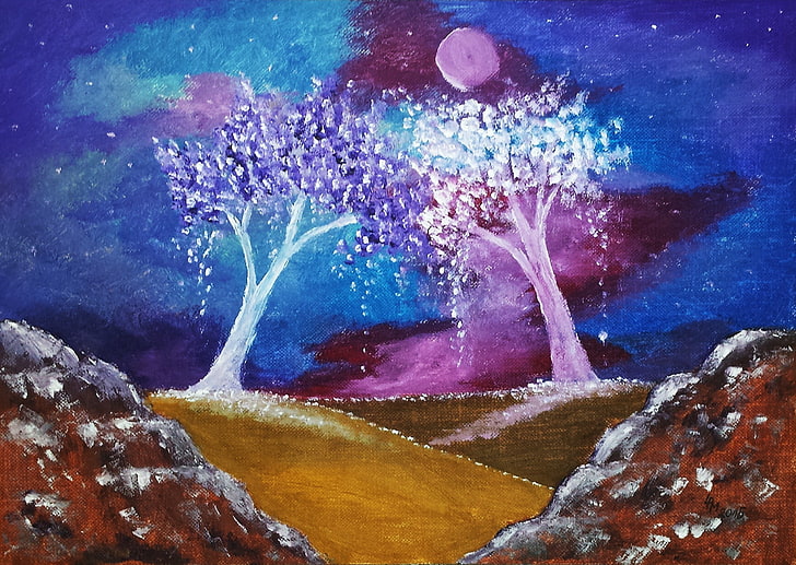 two pink and blue leaf trees painting, fantasy art, water, sea